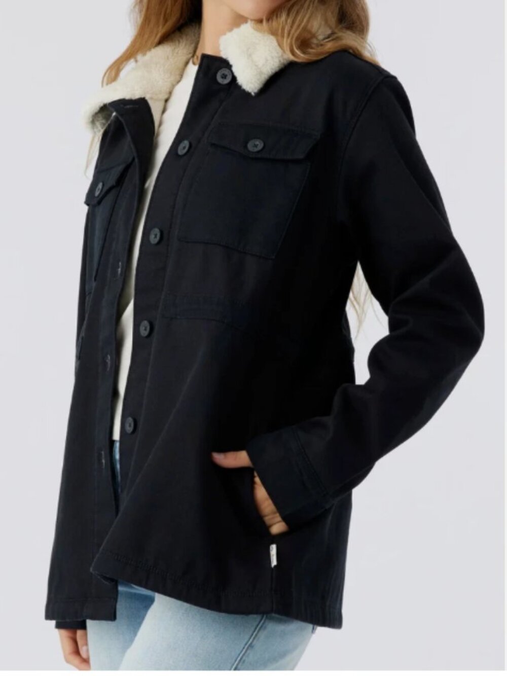 Hang Ten Ladies BLACK Button Utility Fleece Lined Jacket Coat Collar SZ M XL XXL